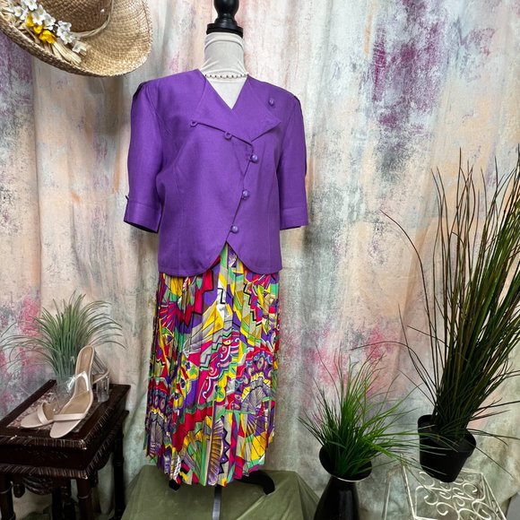 VTG 📌 HARDOB 80s Colorful Viscose Skirt Set with a stunning Pleated Skirt - Picture 1 of 16